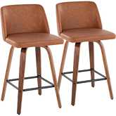 Toriano 26" Swivel Counter Stool in Walnut Wood & Camel Leatherette with Black Footrest (Set of 2)